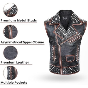 Custom Genuine Leather Studded Biker <b>Vest</b> <b>Mens</b> Punk Style Motorcycle Leather Waistcoat With Asymmetrical Zip Closure - Product Image 4