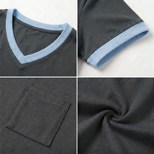 Women's Gray V-Neck Short Sleeve Fleece T-Shirt Pocket Casual Breathable Knitted <b>Top</b> Regular Fit Solid Color All Seasons Wear - Product Image 6