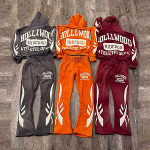 Conjunto de Sudadera con Capucha y Pantalones Deportivos Personalizados para Hombre, Bordado, Apliques, Efecto Desgastado, Cierre de Cremallera, Estilo Holgado, Efecto Desteñido por el Sol, Pantalones Acampanados - Product Image 5