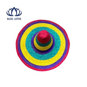 Chapeau Fedora mexicain en herbe naturelle à large bord rayé, unisexe adulte 56-58CM, brodé à la main, motif Lotus bleu, Farm Lucy Le Ribbon - Product Image 2
