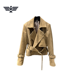 <b>Womens</b> Faux Suede Belted Biker Motorcycle <b>Jacket</b> Vintage Lapel Slim Fit Eco-Friendly <b>Lightweight</b> Custom OEM ODM Fashion - Product Image 4