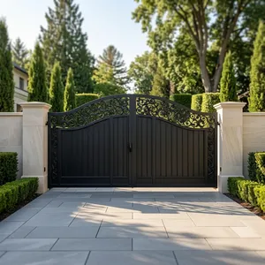 Luxury Black Wrought Iron Double <b>Swing</b> Driveway Gate Ornate Scrollwork Arched Top Solid Privacy Panels Powder Coated Residential - Product Image 4