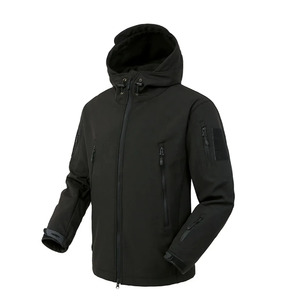 Veste polaire à capuche pour homme, coupe-vent, style vêtements de travail d'hiver, fermeture éclair, noir uni, coupe droite - Product Image 1