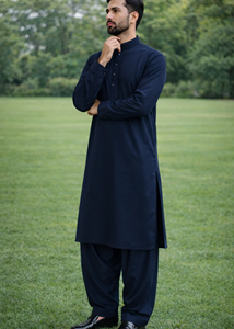Kurta Salwar Kameez de Algodón Azul Marino para Hombre, Manga Larga, Largo hasta el Tobillo, Atuendo Casual Tradicional, Corte Regular, Sin Arrugas - Product Image 3