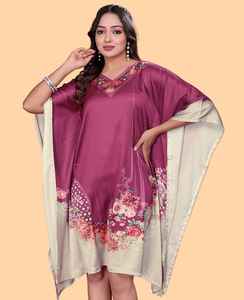 Robe kaftan courte pour femme – Bleu pastel avec imprimé floral abstrait coloré, coupe ample, style tunique. - Product Image 4