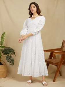 White V-Neck Eyelet Embroidery Midi <b>Dress</b> With Puff Sleeves A-Line Loose Fit Cotton <b>Vintage</b> Style Summer Casual <b>Dress</b> <b>For</b> <b>Women</b> - Product Image 4