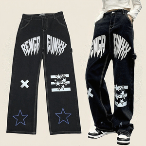 Jeans Negros Vintage para Hombre, Lavado Ácido, Corte Holgado, Pierna Recta, Estilo Oversize con Bordado y Patrón Hip Hop, para Invierno - Product Image 2