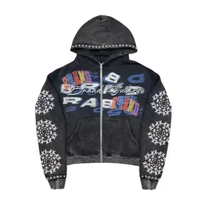 Sudadera con capucha y cremallera para hombre, negra, estilo urbano, estampada, oversize, de felpa francesa, 100% poliéster, para otoño. - Product Image 2