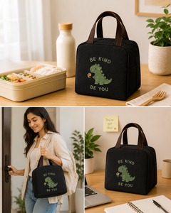 Bolsa de Almuerzo de Lona Negra Amani con Diseño de Dinosaurio, Texto Be Kind Be You, Asa Superior, Cierre de Cremallera, Tamaño Mediano para Viaje - Product Image 3