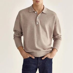 Polo de Punto de Manga Larga para Hombre, Color Sólido, Casual, con Botones, de Algodón, Corte Regular, Diseño Antipilling - Product Image 1