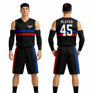 Ensemble de maillots de basket-ball noirs personnalisés pour hommes, uniforme de sport sans manches, design rayé, respirant, séchage rapide, kit d'entraînement d'équipe - Product Image 1