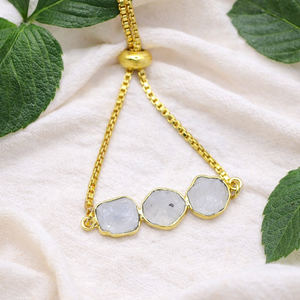 Raw Moonstone Gemstone Triple Stone <b>Bracelet</b> <b>Gold</b> Plated <b>Adjustable</b> Slider Handmade Dainty June Birthstone Jewelry Gift - Product Image 1
