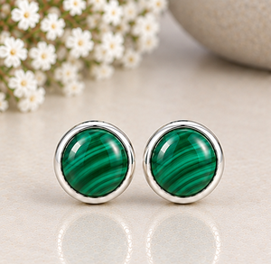 Malachite <b>Silver</b> <b>Stud</b> Earrings, Natural Malachite Gemstone Earrings, 925 <b>Sterling</b> <b>Silver</b> Round <b>Studs</b>, Green Stone Earrings - Product Image 1