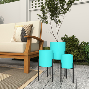 Pots de fleurs en métal turquoise avec supports en fer noir, supports cylindriques modernes pour plantes d'intérieur et d'extérieur, jardin, balcon, salon - Product Image 6