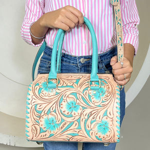 Bolsa de Viaje de Cuero Floral Hecha a Mano, de Gran Capacidad, Precio al por Mayor, Cuero Genuino de Vaca, Bolsa de Viaje Tipo Duffel para Mujer - Product Image 4