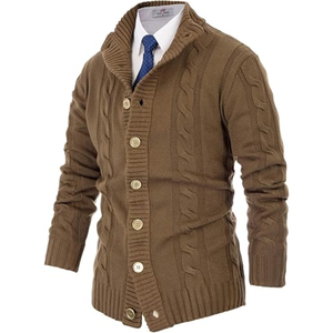 Cardigan décontracté en maille acrylique de haute qualité pour homme, col montant, manches longues, patchwork, bouton unique - Product Image 1