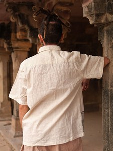 Men Handspun Khadi Cotton Short Sleeve Shirt Ivory White Casual Summer Button-<b>Down</b> with Geometric Hand-Block Printed Pocket - Product Image 3