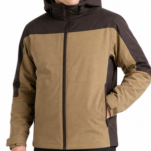 High demand <b>Men's</b> Hooded Softshell <b>Jacket</b> Khaki with Dark Brown Contrast Outdoor Workwear Windproof Water Resistant - Product Image 2