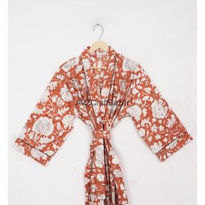 Chemise de nuit décontractée pour femme en coton tricoté imprimé numérique, col en V, avec cordon de serrage, manches longues, respirante, longueur intégrale - Product Image 3