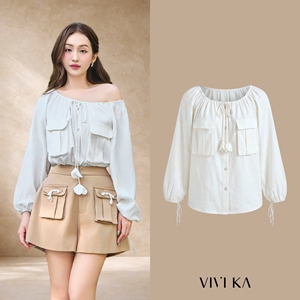 เสื้อผู้หญิง คอผ้ายืดหยุ่น ผ้าลินิน แขนยาว มีกระเป๋าหน้าผ้าแบบมีฝาปิด ผูกโบว์ ผูกเชือก สีงาช้าง เสื้อลำลอง SUSIE - Product Image 1