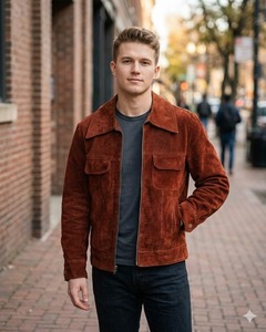 <b>Men</b>’s Classic Brown <b>Suede</b> Trucker <b>Jacket</b> Vintage Western Shirt Collar Leather Coat - Product Image 1