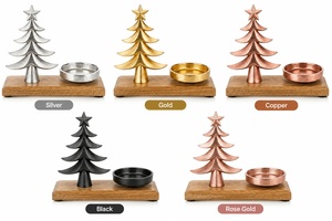 Estatua de árbol de Navidad de metal plateado con portavelas sobre base de madera – Elegante adorno decorativo para mesa navideña - Product Image 4