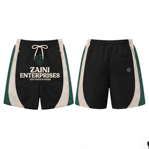 Shorts coupe-vent en polyester 160 GSM de qualité supérieure, décontractés, avec empiècements latéraux noirs, blancs et verts, personnalisables avec logo par sérigraphie. - Product Image 1