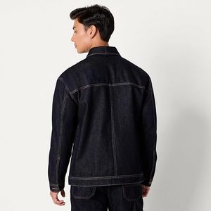 Men's Dark Blue Denim Jacket Regular Fit Button Closure Casual Style Solid Color Topstitch Detailing Autumn Wear - Product Image 6
