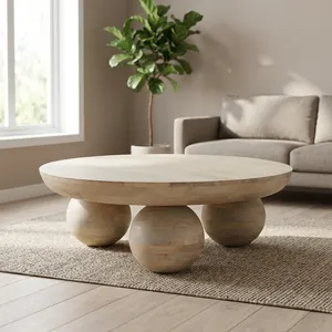 Modern Round <b>Wooden</b> <b>Coffee</b> <b>Table</b> With Ball <b>Legs</b> Handmade Minimalist Living Room Furniture - Product Image 5