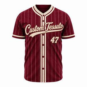 Maillot de baseball TESSUTO bordeaux crème à rayures fines avec appliqué, boutonné, 100 % polyester, uniforme d'équipe de club du Moyen-Orient, Dubaï - Product Image 1