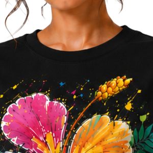 เสื้อยืดโอเวอร์ไซส์สีดำสำหรับผู้หญิง พิมพ์ลายดอกชบาสีสันสดใส เสื้อยืดลำลองผ้าฝ้ายสำหรับฤดูร้อน รับผลิตแบบ OEM ODM ขายส่ง - Product Image 5