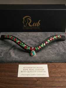 Diadema de Cuero para Caballo Rub International, Decorada con Cristales Rojos y Verdes, Hecha a Mano, Modelo 7860B, 50x50x40cm - Product Image 1