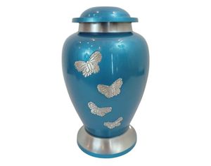 Urne funéraire bleue avec motif papillon argenté, urne commémorative pour adulte, personnalisable - Urne funéraire en aluminium artisanale gravée - Product Image 1