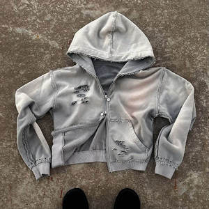 Nouveau design, sweat à capuche épais 100 % coton, effet vintage délavé, personnalisé, effet usé soleil, zippé, pour homme - Product Image 3