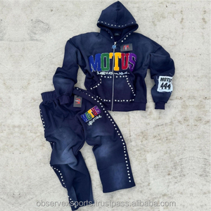 Custom <b>Vintage</b> Spring Distressed Embroidery Zip Full Length Boxy Hoodie Sweatpants Set Men Heavy Sun Faded Acid Wash <b>Tracksuit</b> - Product Image 4