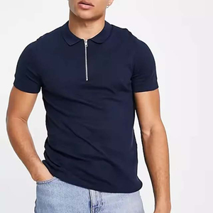 Men's Navy <b>Blue</b> Short Sleeve Knitted <b>Polo</b> <b>Shirt</b> Casual Zip Front Design Solid Color Style - Product Image 1