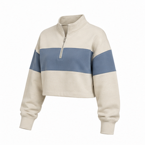 Customize Silver <b>Grey</b> Womens Relaxed Half Zip Cropped <b>Sweatshirt</b> Contrast Stripe Cotton Fleece - Product Image 4