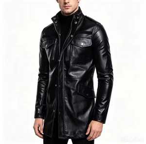Men's Black Genuine Leather Waterproof Moto <b>Jacket</b> Stand Collar Zipper Closure <b>Slim</b> <b>Fit</b> Autumn Wear - Product Image 1