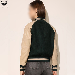 New Arrival Comfortable Women Varsity <b>Jacket</b> Green Beige Full Sleeve Turn Down Collar Button Closure Letter R Embroidery Design - Product Image 3