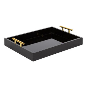 Plateau de service noir de luxe avec poignées dorées, plateau rectangulaire décoratif en bois pour la maison et l'hôtel - Product Image 1