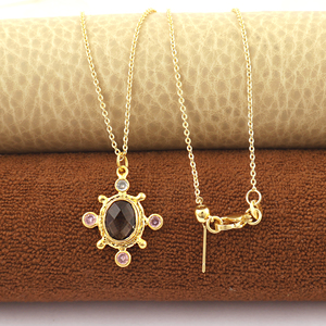 Collier pendentif en or plaqué 18 carats avec quartz hydro à coupe damier et petites pierres CZ roses, chaîne en laiton massif, idéal pour les cadeaux - Product Image 6