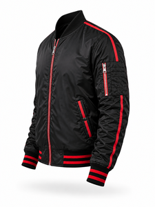 Blouson bomber noir pour homme avec fermeture éclair à bordure rouge, coupe décontractée, coupe-vent, en nylon, pour l'hiver, coupe régulière, séchage rapide - Product Image 3