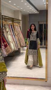 Natural Crape Silk Black Sequence Embroidered <b>Kurta</b> Palazzo Set with Organza Dupatta Gold Thread Work Party Wear <b>for</b> <b>Women</b> - Product Image 3