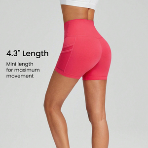 Shorts de sport taille haute pour femme avec poches, séchage rapide, tricoté, taille élastique, couleur unie rose - Product Image 4
