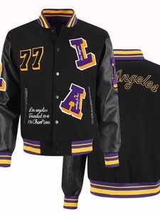Custom Men's Black With <b>Purple</b> Gold Embroidery Lettering And Patch Designs Leather Sleeve High Street <b>Varsity</b> Baseball <b>Jacket</b> - Product Image 1