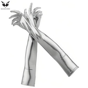 Top Trendy Silver Faux Leather Bodysuit Match <b>Gloves</b> Shiny <b>Long</b> Opera <b>Gloves</b> Women Future Style Festival Fashion Wear - Product Image 2