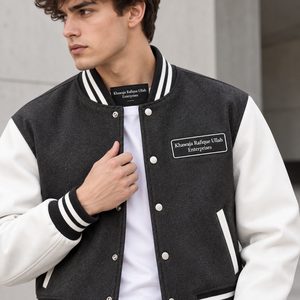 <b>Men's</b> Black And <b>Cream</b> Varsity <b>Jacket</b> With Embroidered Logo Front Turn-down Collar Regular Fit Casual Style Autumn Wear - Product Image 6