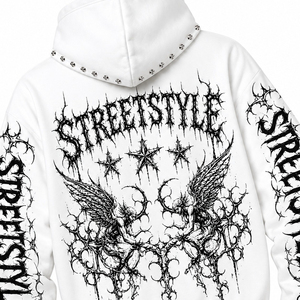Custom Gothic Graphic Zip Up Hoodie <b>Men</b> Oversized <b>White</b> Streetwear Studded Full Zip Hooded <b>Sweatshirt</b> OEM Manufacturer - Product Image 3