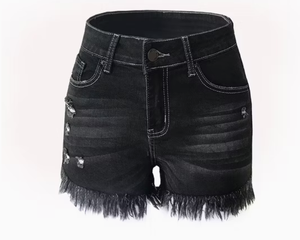 Shorts de mezclilla transpirables para mujer, de cintura alta, elásticos, con flecos, flores y acabado lavado - Product Image 6