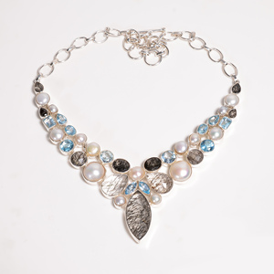 Natural Black Rutilated Quartz & Pearl and Blue Topaz <b>Statement</b> <b>Necklace</b> 925 Silver Rose Gold Yellow Gold Plated Jewelry Women - Product Image 4